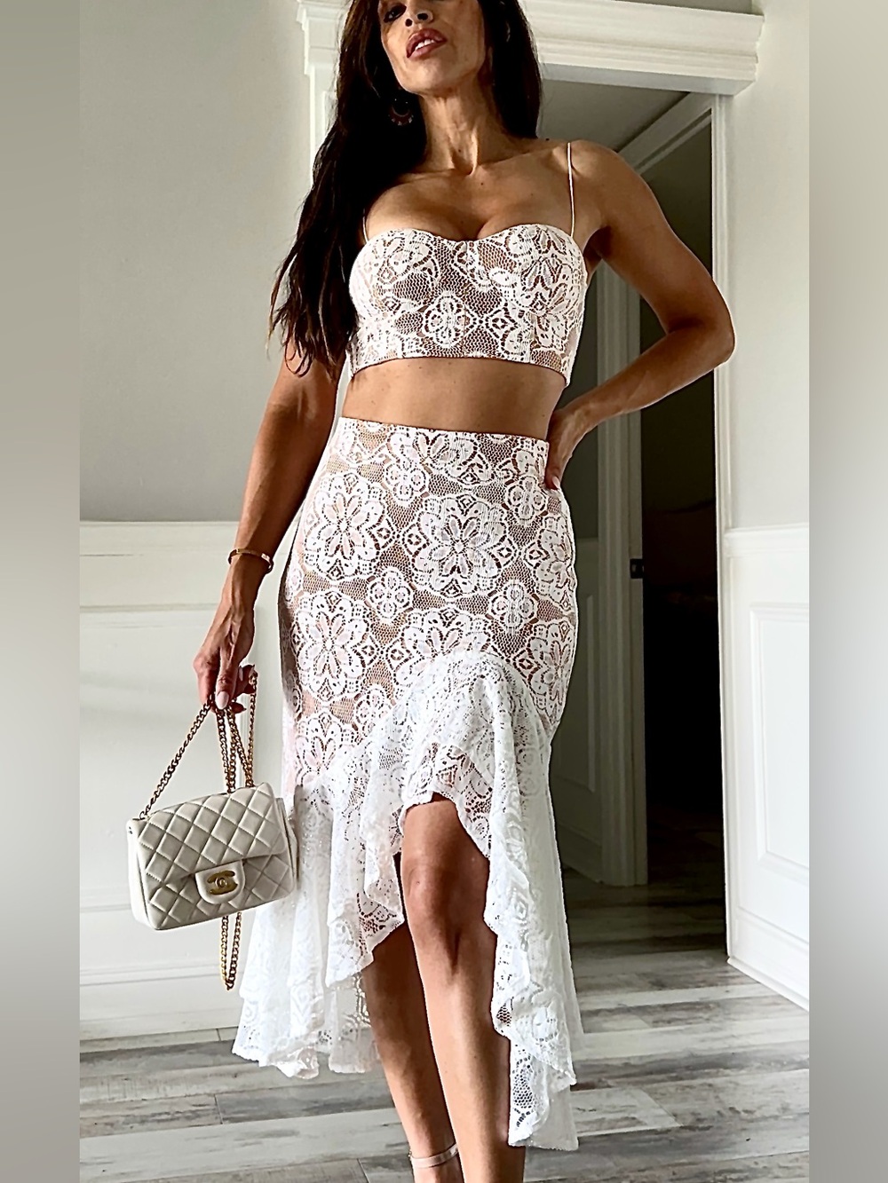 White Lace Two-Piece Crop Top & High-Low Skirt Set